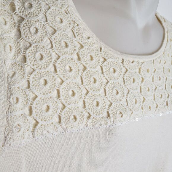 Alfred Dunner Womens Sweater Small Crochet Lace Ivory Knit 3/4 Sleeve Sequins - Picture 4 of 11